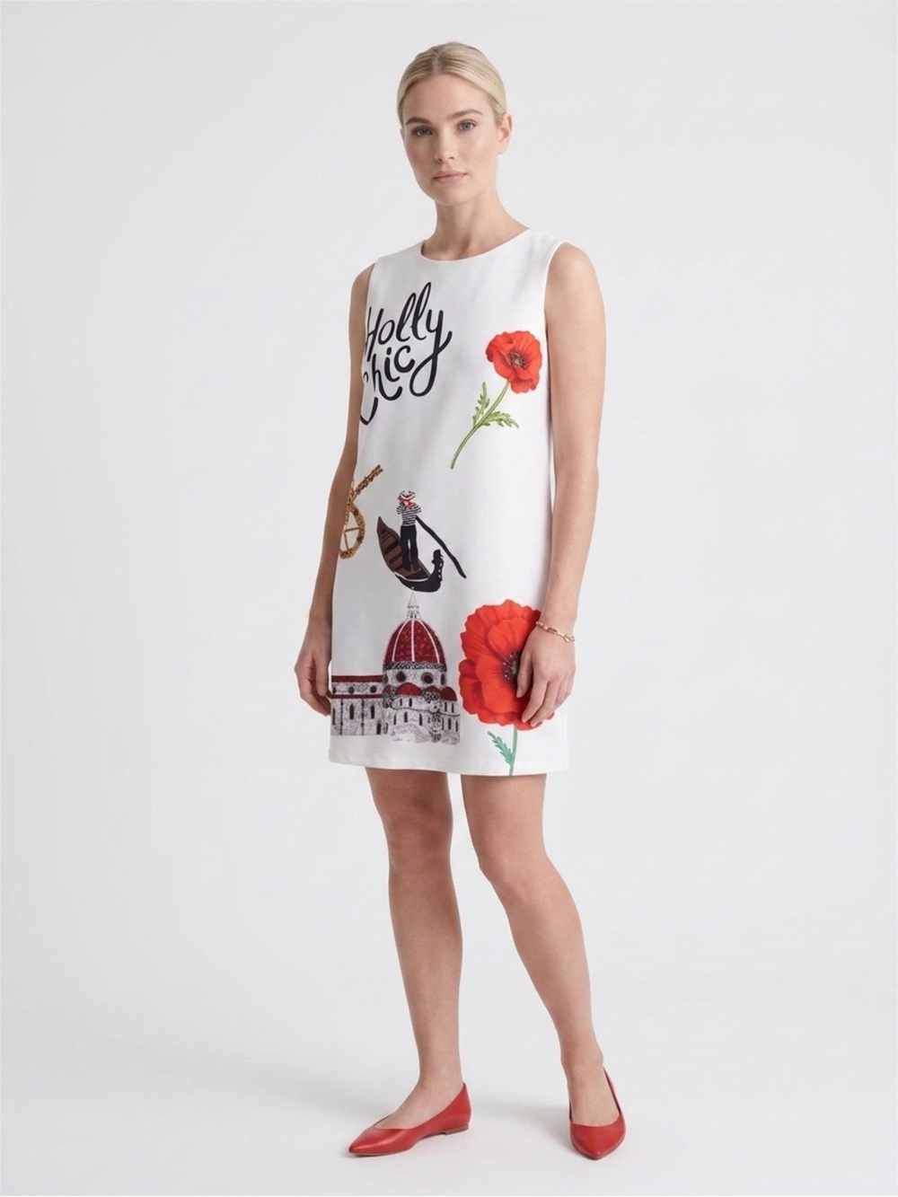 White Floral Graphic Shift Dress with Red Poppy Detail